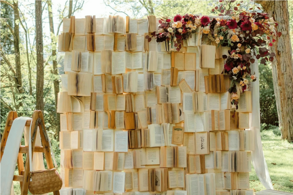 Beautiful bespoke arch made of books and adorned with autumn flowers